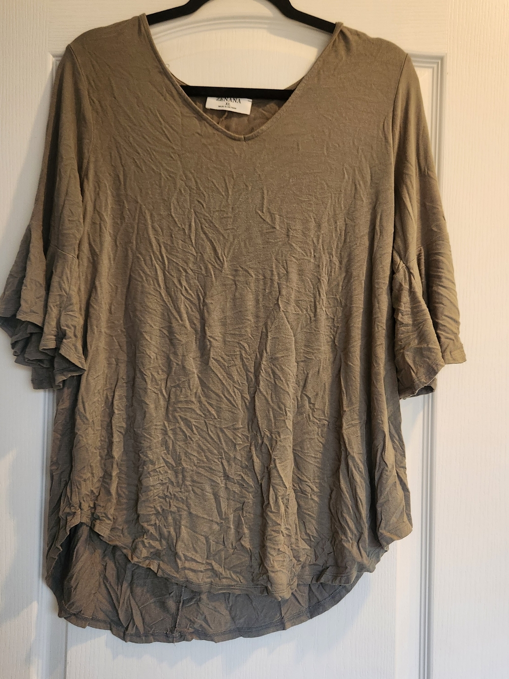 Zenana Outfitters Olive-Taupe V-Neck Flutter Sleeve Top XL Euc